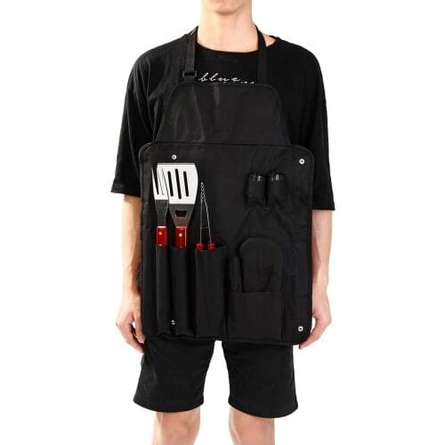 7pcs BBQ Grill Tool Set Stainless Steel Cooking Kit Utensils Barbecue Tools Kitchen Accessories Black Apron