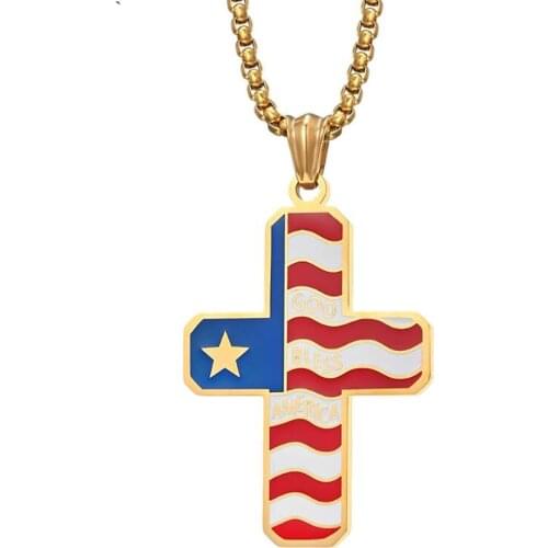Stainless Steel God Blessed America Cross Pendant Necklace Flag Cross Christ Star Necklaces Jewelry Gift For Him with Chain