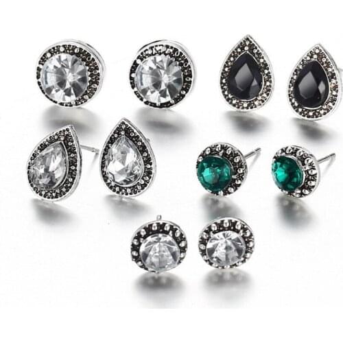 New 5 Pairs Set Stud Earrings Shiny Blue White Black Gem Crystal Boho Style Earrings for women party gift