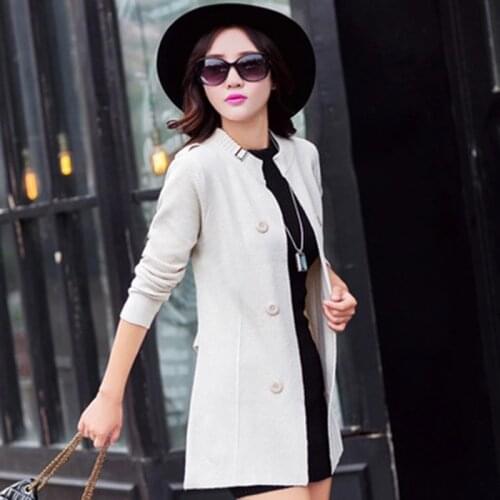 Spring And Autumn New Products Womens Knitted Jacket Mid-Length Round Neck Solid Color Cardigan Double-Breasted Sweater Jacket