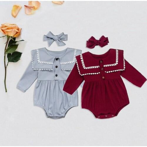 Wholesale Infant Baby Girl Clothes Long Sleeve Romper Bodysuit Overall Headband Outfits 0-24M