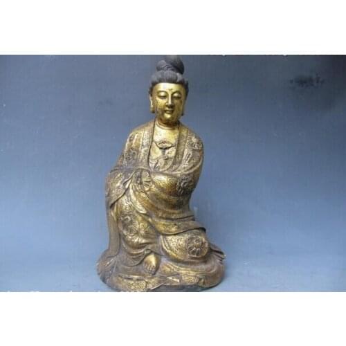 Song voge gem S0718 14"Tibet Fane classical Old Bronze Gild Sit freedom Bodhisattva Guan Yin Statue