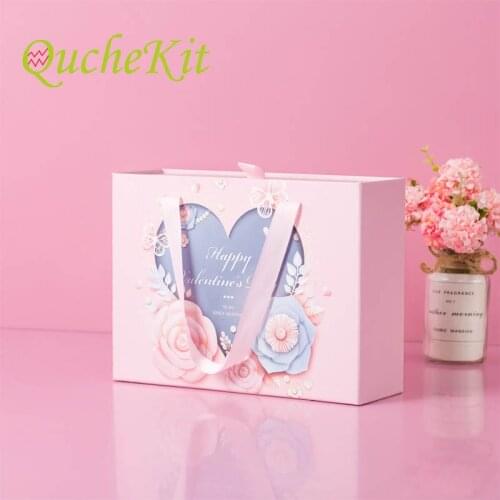 Pink Pull Drawer Gift Present Box Silk Ribbon With Hand Gift Packaging Cardboard Box For Prensent Cosmetics Package