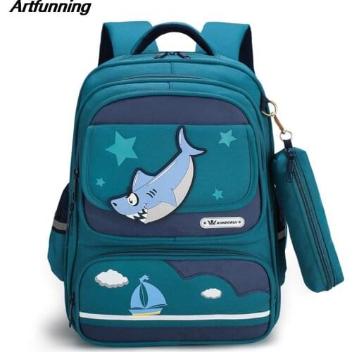 Artfunning Student schoolbag ridge protection for Girls Boys double-shoulder Schoolbag childrens cartoon shark school bag