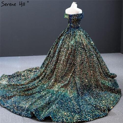 Indigo Blue Gold Off Shoulder 2020 Wedding Dresses Dubai Sequined Sexy Luxury Bridal Gowns real video DHM66742 Custom Made