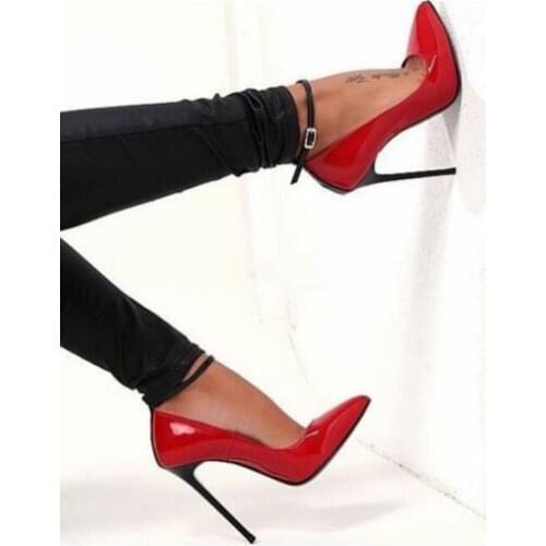 Woman Sexy Black Pink Red Patent Leather Shallow Pumps Ladys 120 mm Thin Heels Buckle Strap Pointed Toe Pumps Shoes Big Size 45