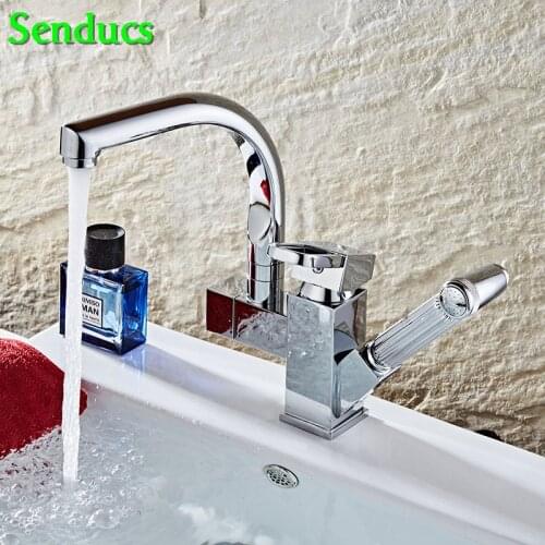 Senducs Pull Out Kitchen Faucet with High Quality Brass Kitchen Sink Faucet Luxury Pull Down Kitchen Sink Water Faucet