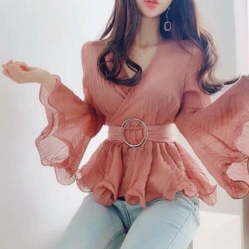 Fashion Design Pink Women Blouse Summer New 2021 V-Neck Flare Sleeved Ruffles Elegant Slim Office Lady Outwear Tops