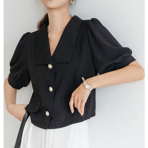 QOERLIN Woman Shirt White Big Lapel Chiffon Shirt Half Sleeve Summer New Retro Bubble Sleeve Button Down Short Waist Short Tops
