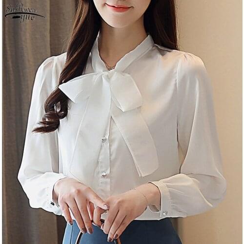2021 Autumn Elegant Causal Chiffon Blouse Gentle Fragrance Solid White Office Lady Bow Long Sleeve Comfort Women Blouse 5116 50