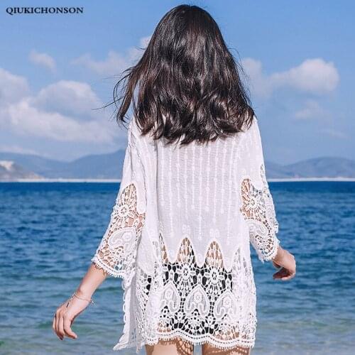 Qiukichonson White Lace Cardigan Women Bohemian Hollow Out Flower Embroidery Women Beach Tops Lace Up Air Conditioning Cardigans