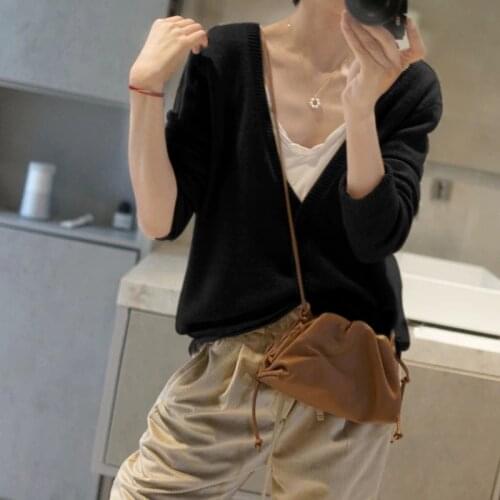 Spring Womens V-neck Single Breasted Knit Loose Casual Cashmere Wool Cardigan Jacket Sweater Hot Sale FRSEUCAG Womens Sweater