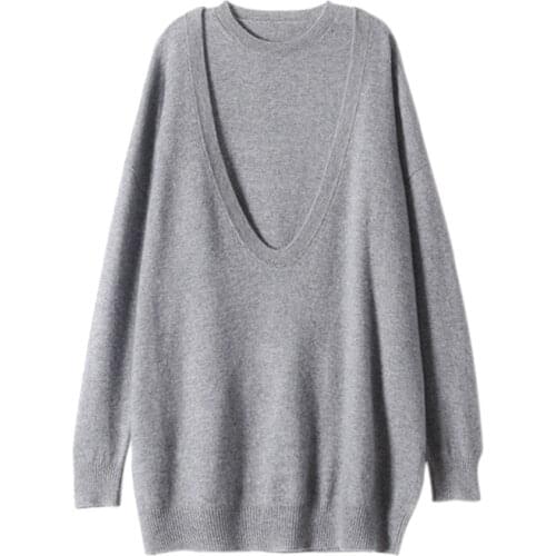 SHUCHAN 2 Piece Womens Knit Pullover Autumn 30% Cashmere 70% Wool Sweater Vest+pullovers Fashion Design Winter Long Sleeve
