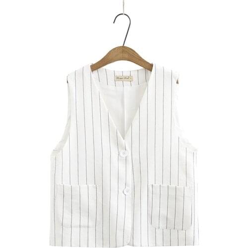 2021 Spring Women Vest Plus Size Waistcoat Fashion Casual Clothes Sleeveless Striped Polyester Cotton V Neck Plus Size Tops