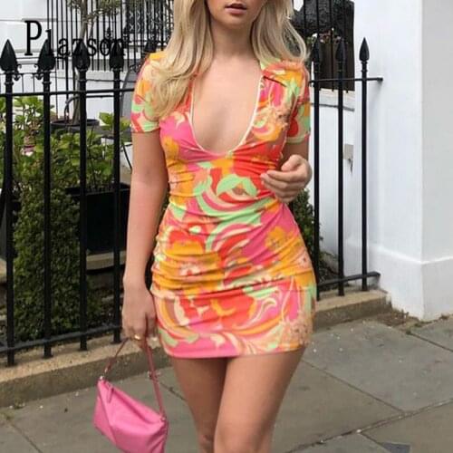 Plazson Coloful Flower Printed Mini Dress Summer Short Sleeve Sexy Deep V-neck Slim Dresses For Women 2021 Y2K Casual Streetwear