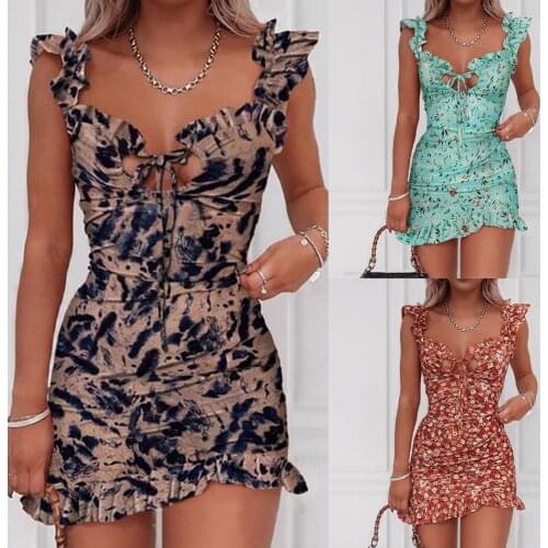 Summer Floral Print Tied Detail Ruffles Mini Dress Women Sleeveless Casual Vacation Beach Short Dresses