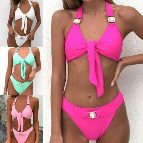 Women Sexy Pink Bikini 2021 Glitter Diamond Halter Swimsuit Push Up Swimwear Bathing Suit Two Pieces Beachwear Brazilian Biqiuni