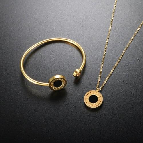 ZMFashion Rotatable Black/White Shell Roman Numerals Necklaces Adjustable Bracelet Stainless Steel Jewelry Set For Women Men