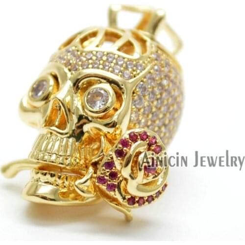 1pc New Design Gold Color Plating Skull Mentlemen with Rose In Mouth Pendants Rhinestone Crystal Pave Setting Jewelry For Women
