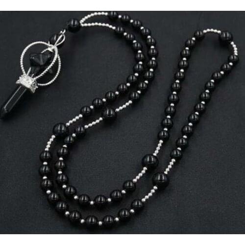 100-Unique 1 Pcs Silver Plated Energy Scepter Pendant Black Agates Round Beads Chain Necklace For Anniversary Jewelry