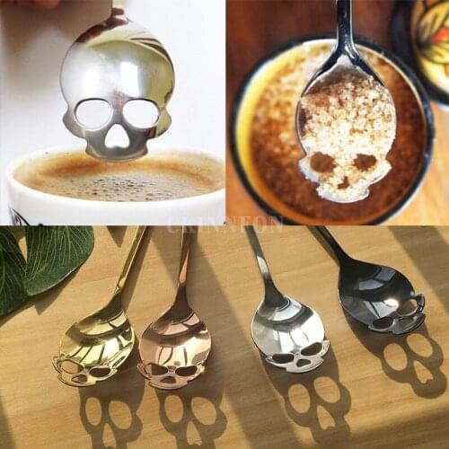 500Pcs/Lot Coffee Spoon Skull Head Shape 304 Stainless Steel Tableware Tool Black Sugar Spoon Rose Gold Tea Spoon