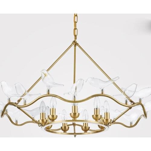 American Copper Chandelier LED Lamp Transparent Birds Double-Decker Suspension Living Room Decor Pendant Home Lighting PA0226