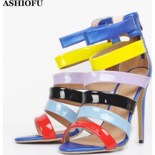 ASHIOFU Wholesale Womens Stiletto Heel Sandals Colorful Party Summer Shoes Stripped Evening Peep-toe Fashion Sandals Shoes XD85