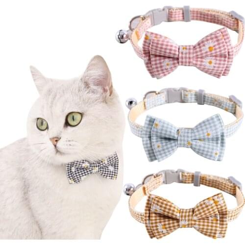 Breakaway Classic Plaid Cat Collar Bowtie with Bell Floral Patterns Daisy Flower Adjustable Safety Kitten Collars for Pets Puppy