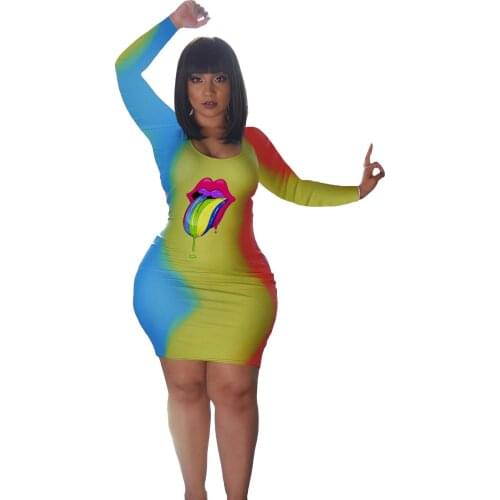 Dress2021 New Fashion Sexy Color Round Neck Printing Printing and Dyeing Hit Color Long-Sleeved Dress Bag Hip Skirt