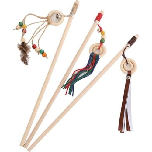 Interactive Cat Toys with Feather, Color Rope, Ribbon, Replaceable Wood Cat Stick, Safe Cat Catcher Stick Toy for Kitten