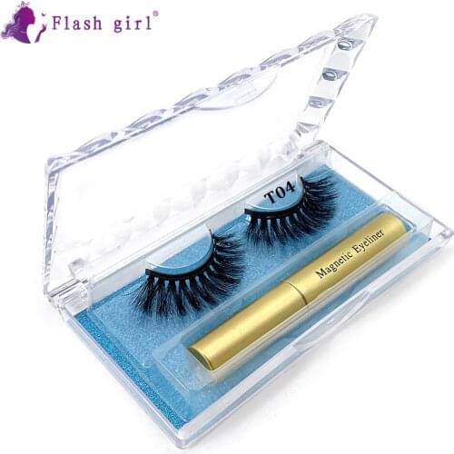 Flash girl T04 1pair 5D mink Magnetic Eyelashes crystal box Magnetic Liquid Eyeliner Magnetic False E
