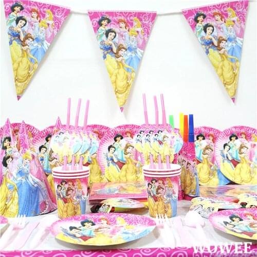 Princess Girls Party Supplies Paper Plates Cups banner Tablecloth Napkins Birthday Decors Kids baby shower favors