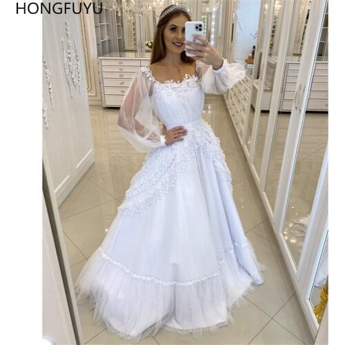 HONGFUYU Princess Wedding Dress with Square Neckline свадебное платье Puffed Long Sleeve Lace 3D Flowers Bridal Gowns vestidos