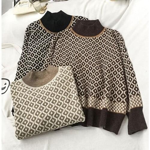 Autumn Winter Argyle Sweater Women Vintage Turtleneck Long Sleeve Knitted Sweater Loose Korean Warm Jumper Sueter Mujer