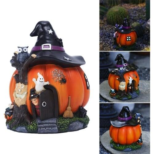 Halloween Theme Ornament Luminous Resin Witch Pumpkin House For Home Living Room Garden Decoration Yard Garden Decor