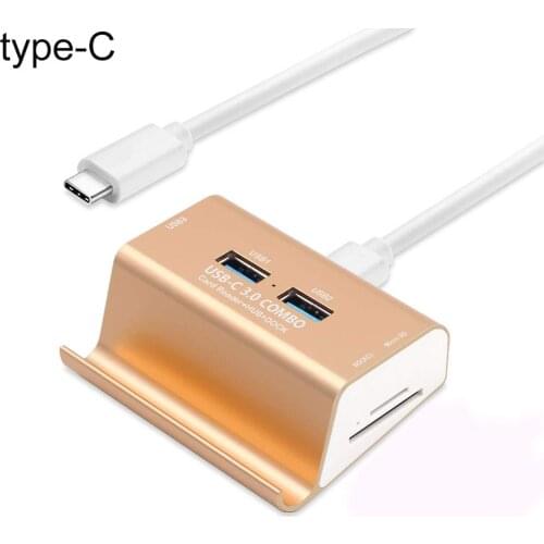 Super Speed USB 3.0 Card Reader 3-Port USB 3.0 Hub With Phone Holder Aluminum USB-C/TYPE-C 3.0 Combo SD/TF/MicroSD Card Reader