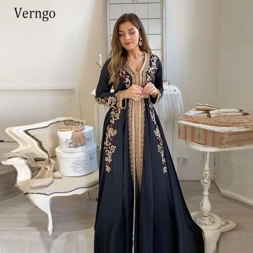 Verngo Moroccan Kaftan Evening Dresses Long Sleeves Lace Pattern Embroidery Formal Dress Navy Blue Floor Length Outfit