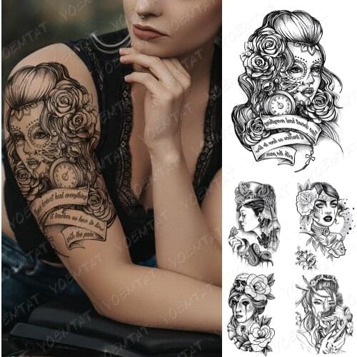 Waterproof Temporary Tattoo Sticker Catrina Day of The Dead Flash Tattoos Beauty Girl Portrait Body Art Arm Fake Tatoo Women Men