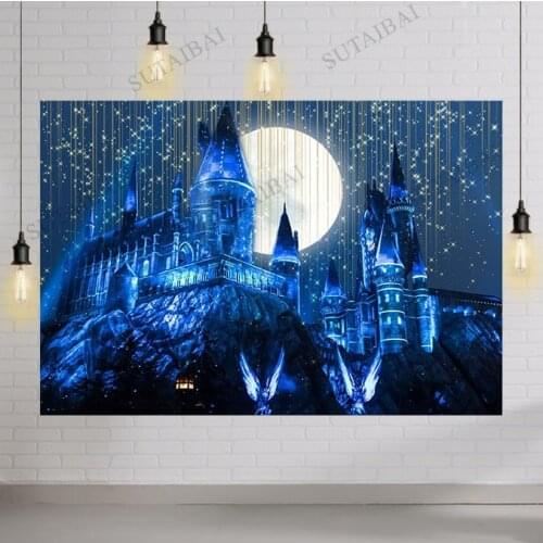 Magic School Castle Backdrop Wizard World Photography Background Night Sky Moon Stars Gold Glitter Twinkle Birthday Party Decor