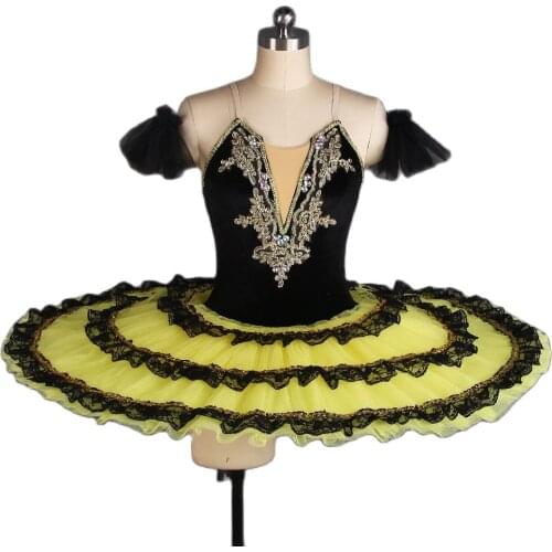 Highly Professional Ballet Tutu Dance Costume 3-layers Tiered Pancake Tutu Skirt with Black and Gold Lace Edging BLL408