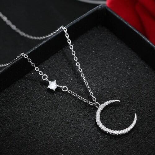 Pure 925 Sterling Silver Jewelry Shining Cubic Zirconia Moon Stars Necklaces & Pendants For Women Valentines Day Gift