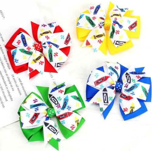 4in Ribbon Back To School Bow Double Layer Hair Clips for Girls Printed Hair Accessories Dance Party Bows Hair Barrettes for Kid