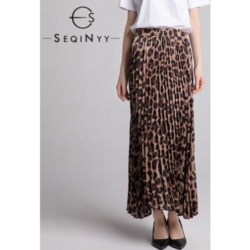 SEQINYY Summer Spring Skirt 2020 New Fashion Design Women Elastic Waist Leopard Print Pleated A-Line Ankle-Length Skirt Elegant