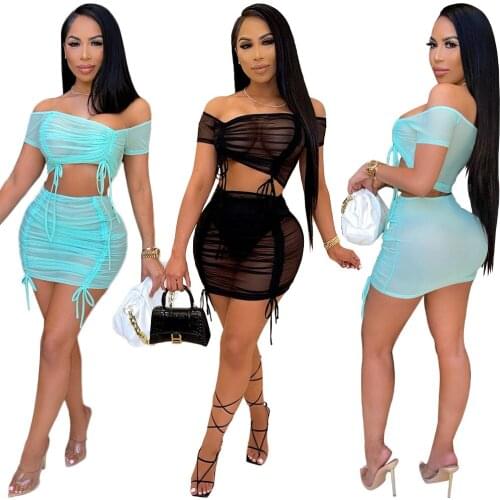 2021 Women Beach 2pcs Ruched Bikini Cover-Ups Swimsuit Off Shoulder Top+ Mini skirt Sexy Ladies Swimming Cover Up Bathing Suit