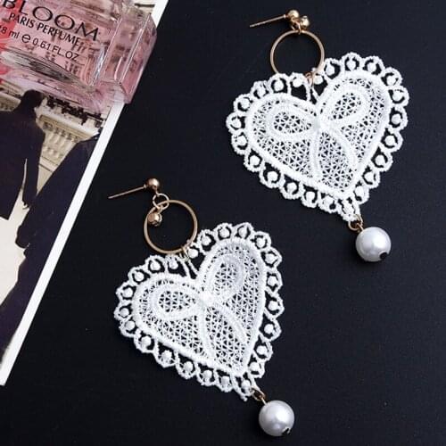 Gothletic Brand White Lace Earrings Heart Shaped Fabric Tassel Simulated Pearl Drop Long Dangling Earrings Women Party Jewelry