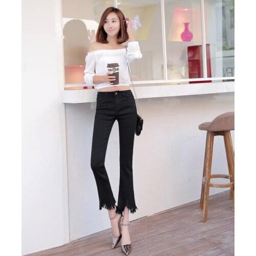 AS48 Pantalones Mujer Casual Pocket Jeans Denim Ninth Trousers Plus Size High Waist Flare Jeans Tassel Pants