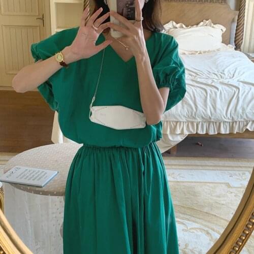 2021 Women Summer Vintage Green Two Piece Set Lantern Sleeve V Neck Pullover Short Tops + Elastic High Waist A-line Skirt