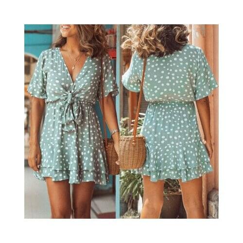 Summer Womens Casual Loose Lotus Leaf Short Sleeve V-Neck Lace Up Bow Print Party Women Mini Dress