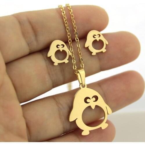 1 Set Gold Color Stainless Steel Cute Penguin Jewelry Sets Charms Animal Earrings Necklace Women Girls Kids Birthday Gift