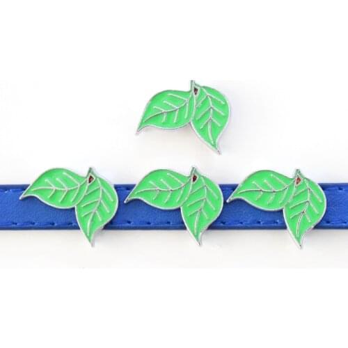 10PCS 10mm Green Tree Leaves Slide Charms Flat Beads DIY Accessories Handmade Bracelets Belt Strips Pet Name Collar